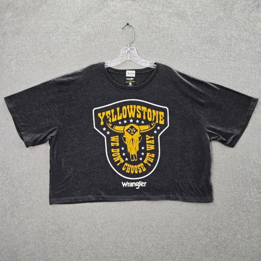 Wrangler Women Top XL Gray Cropped Shirt Yellowstone Logo Short Sleeve Tee